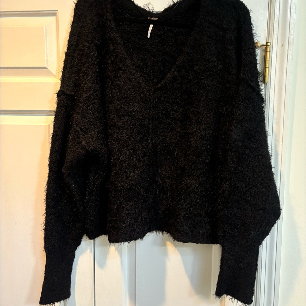 Free People Black Fuzzy V-Neck Sweater